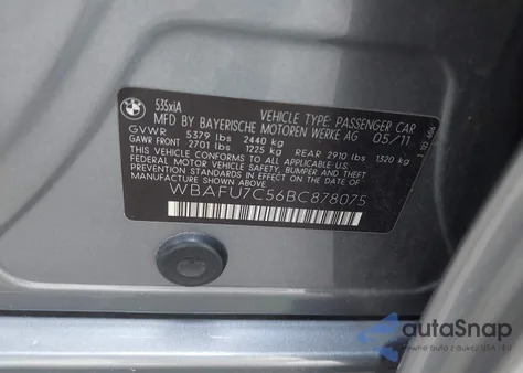 2011 BMW 535I xDrive from USA, damaged, VIN WBAFU7C56BC878075